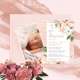 Invitación Rosa | Gente blanca florece Chica Baptismo fotográ