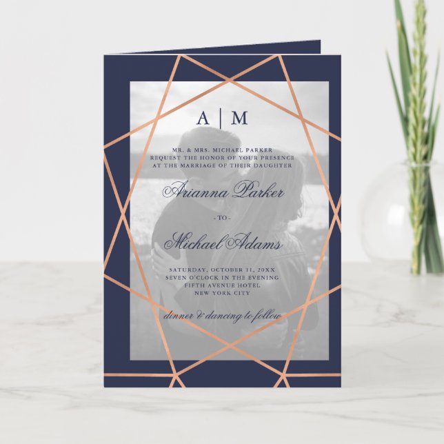 Invitación Rosa Geométrico Boda de fotografía azul de mediano (Anverso)
