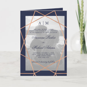Invitación Rosa Geométrico Boda de fotografía azul de mediano