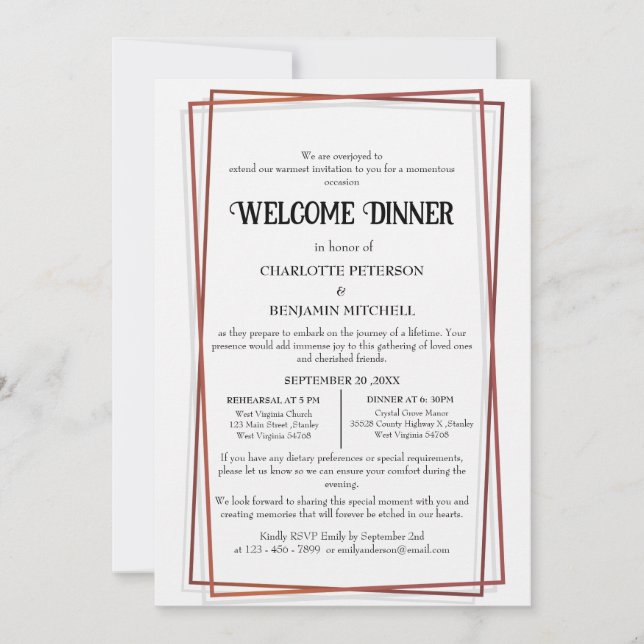 Invitación Rosa geométrico de marco dorado ensayo Cena de bie (Anverso)