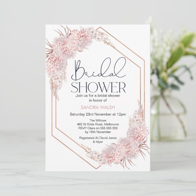 Invitación Rosa geométrico Gold Boho Floral Bridal Shower (Anverso de pie)