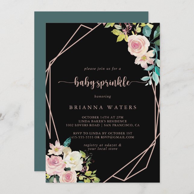 Invitación Rosa geométrico Gold Spring Floral Baby Sprinkle (Anverso / Reverso)