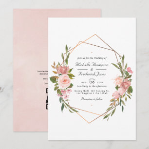 Invitación Rosa geométrico oro y Boda rosa Rubor Foto I