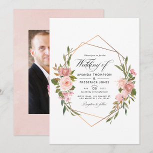 Invitación Rosa geométrico oro y foto de Boda rosa Rubor