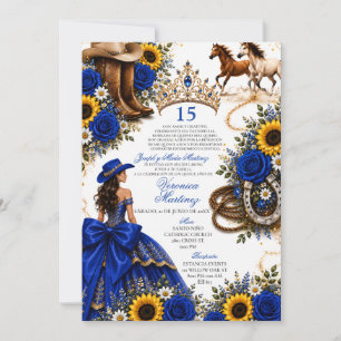 Invitación Rosa Girasol Azul Real Vaquera Quinceañera