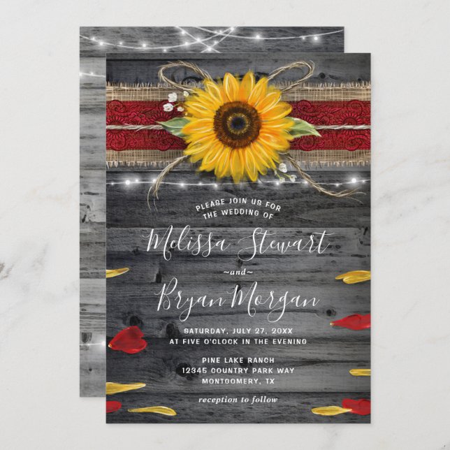 Invitación Rosa Girasol Borgoña Encaje Rústico Madera Boda (Anverso / Reverso)