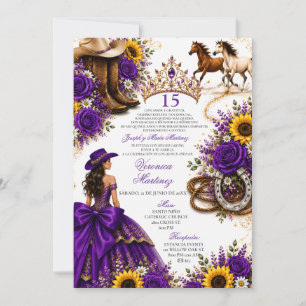 Invitación Rosa Girasol Púrpura Vaquera Quinceañera 