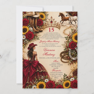 Invitación Rosa Girasol Rojo Borgoña Quinceañera Occidental