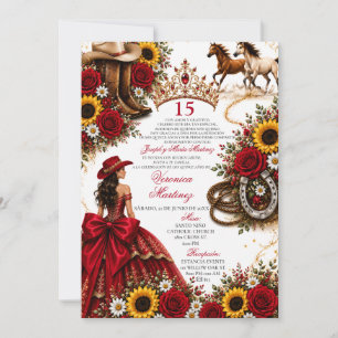 Invitación Rosa Girasol Rojo Borgoña Vaquera Quinceañera