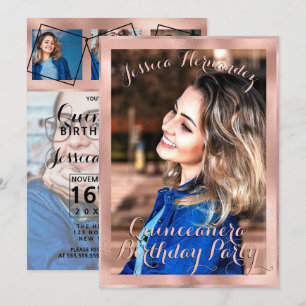 Invitación Rosa Girly Collage de fotos de la Frontera de Oro