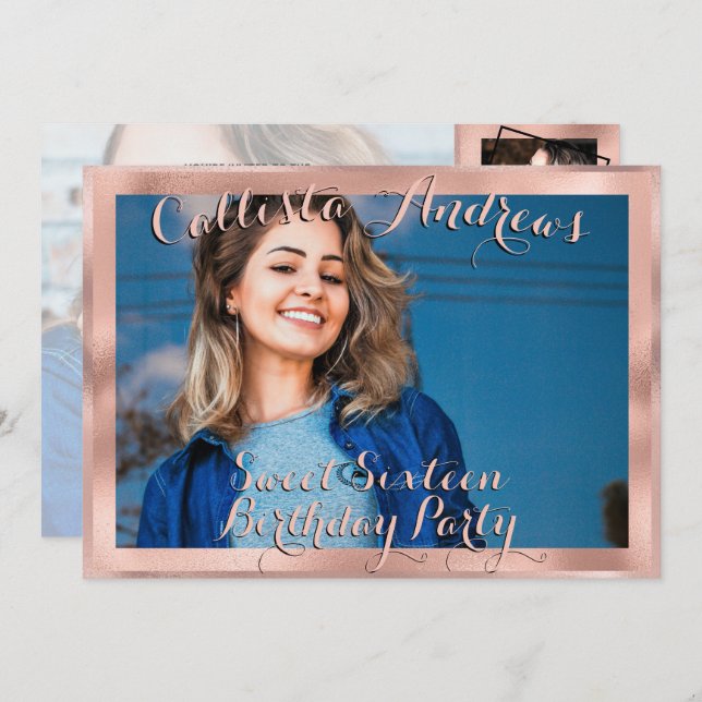 Invitación Rosa Girly Collage de fotos de la frontera dorada  (Anverso / Reverso)