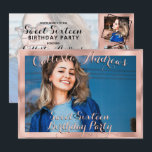Invitación Rosa Girly Collage de fotos de la frontera dorada<br><div class="desc">Esta moderna y dulce invitación al collage de fotos de dieciséis años es perfecta para los modernos y elegantes. Presenta un collage de fotos de cinco fotos en personalizable glamuroso, de moda y viveza, con una elegante tipografía cursiva negra y subió, delineada y bordeada por falsos rosas de Relieve metalizado...</div>
