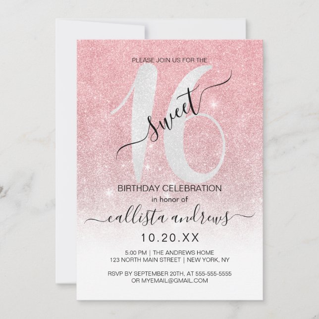 Invitación Rosa Girly Purpurina Blanco Oro Ombre Sweet 16 (Anverso)