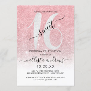 Invitación Rosa Girly Purpurina Blanco Oro Ombre Sweet 16