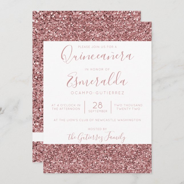 Invitación Rosa Girly Purpurina rosado de oro Sparkle Quincea (Anverso / Reverso)