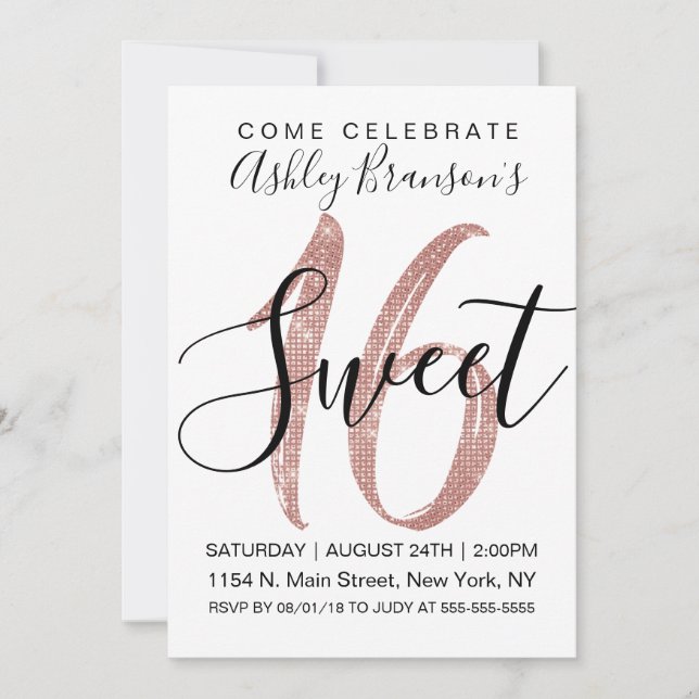 Invitación Rosa Girly White Faux Gold Sequin Purpurina Sweet  (Anverso)