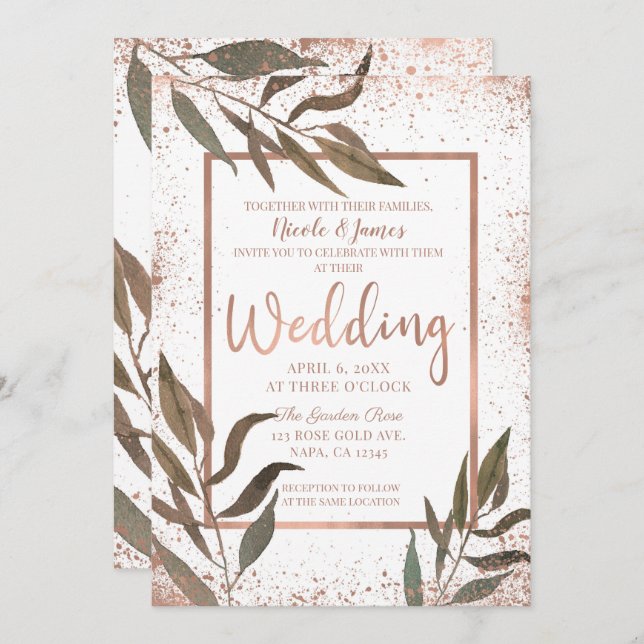 Invitación Rosa Glam Botánico Copper Boda moderno (Anverso / Reverso)