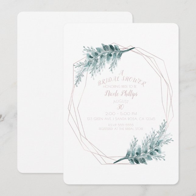 Invitación Rosa Glam Geométrico Botánico Bridal Shower (Anverso / Reverso)