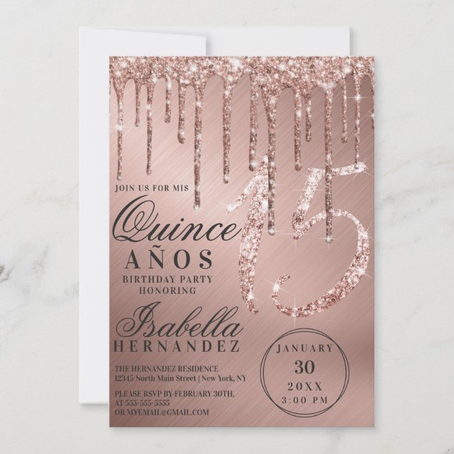Invitación Rosa Glam Gold Metallic Purpurina Dris Quinceañera (Anverso)