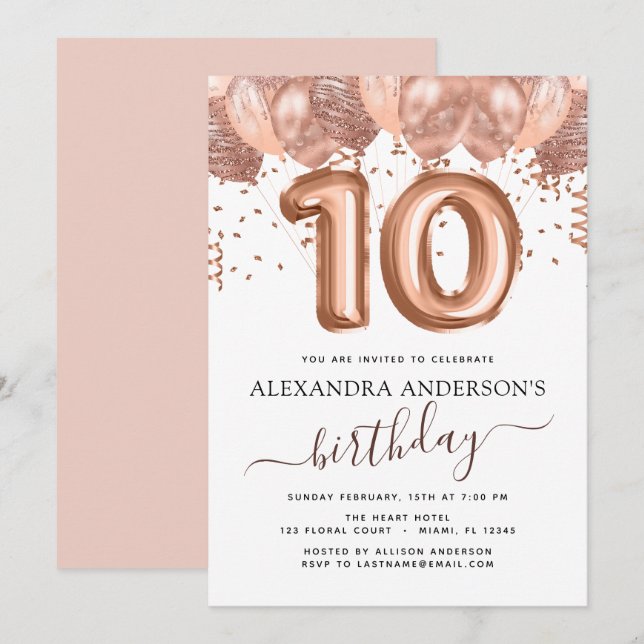 Invitación Rosa Globos de Oro 10.º Confetti de cumpleaños (Anverso / Reverso)