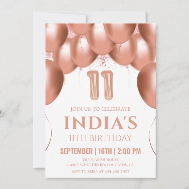 Invitación Rosa Globos de Oro 11º cumpleaños (Anverso)