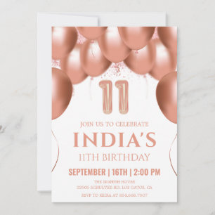 Invitación Rosa Globos de Oro 11º cumpleaños