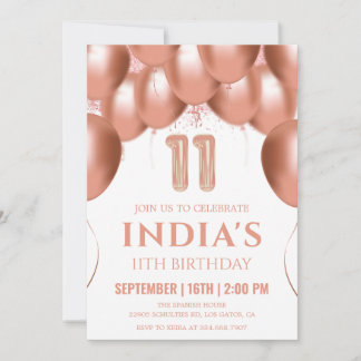 Invitación Rosa Globos de Oro 11º cumpleaños