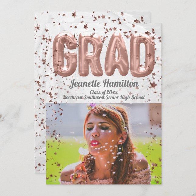 Invitación Rosa Globos de Oro Chicas Confetti rosados Graduac (Anverso / Reverso)