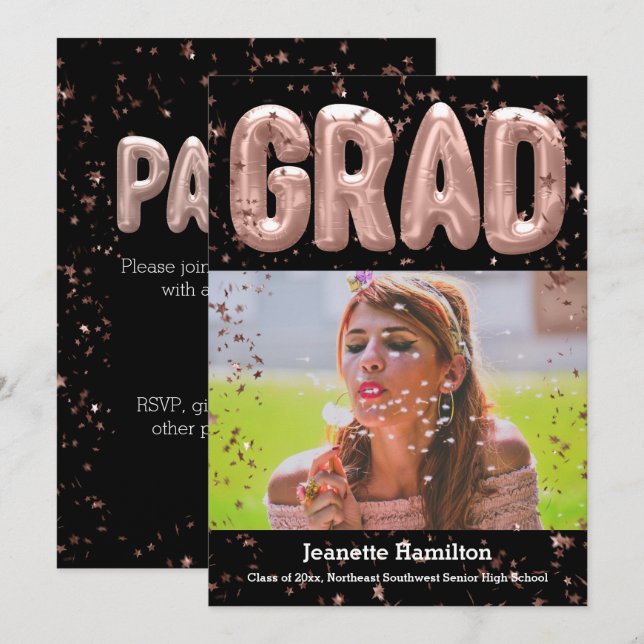 Invitación Rosa Globos de Oro Chicas Confetti rosados Graduac (Anverso / Reverso)