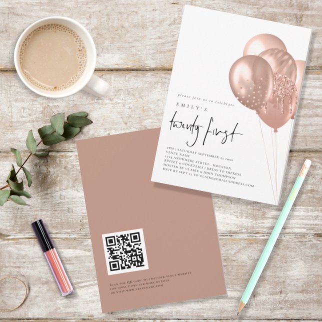 Invitación Rosa Globos de Oro Código QR 21ª Fiesta de Cumplea (Subido por el creador)