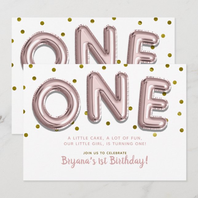 Invitación Rosa Globos de Oro Confetti UN Primer Fiesta de Cu (Anverso / Reverso)