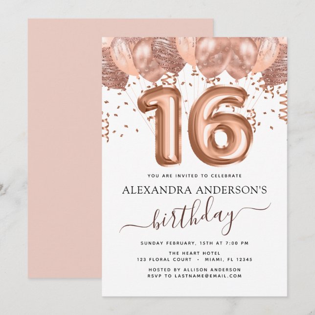 Invitación Rosa Globos de Oro dulce 16 cumpleaños (Anverso / Reverso)