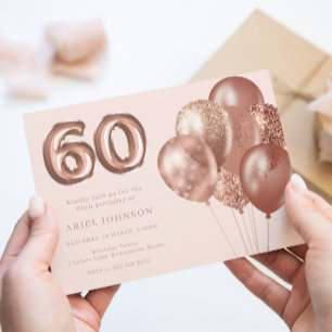 Invitación Rosa Globos de Oro Fiesta de cumpleaños número 60