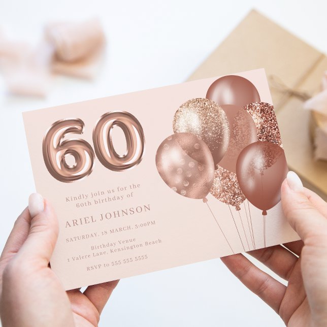 Invitación Rosa Globos de Oro Fiesta de cumpleaños número 60 (Subido por el creador)