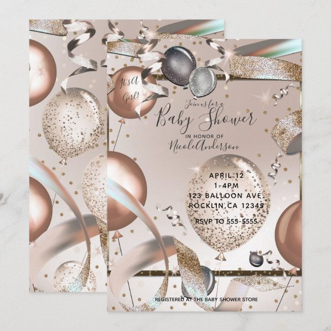 Invitación Rosa Globos Purpurina Rosa Dorado Baby Shower (Anverso / Reverso)