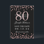 Invitación Rosa Gold 80th Birthday Save Date Details Black<br><div class="desc">Elegante diseño de la "fiesta de cumpleaños número 70" con falsos confeti purpurinas y texto de detalles. Fácil de usar y fácil de personalizar. ¡No te quedes sin el tuyo!</div>