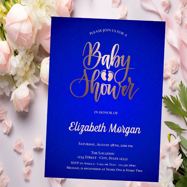 Invitación Rosa Gold Baby Foots Royal Blue Baby Shower (Subido por el creador)
