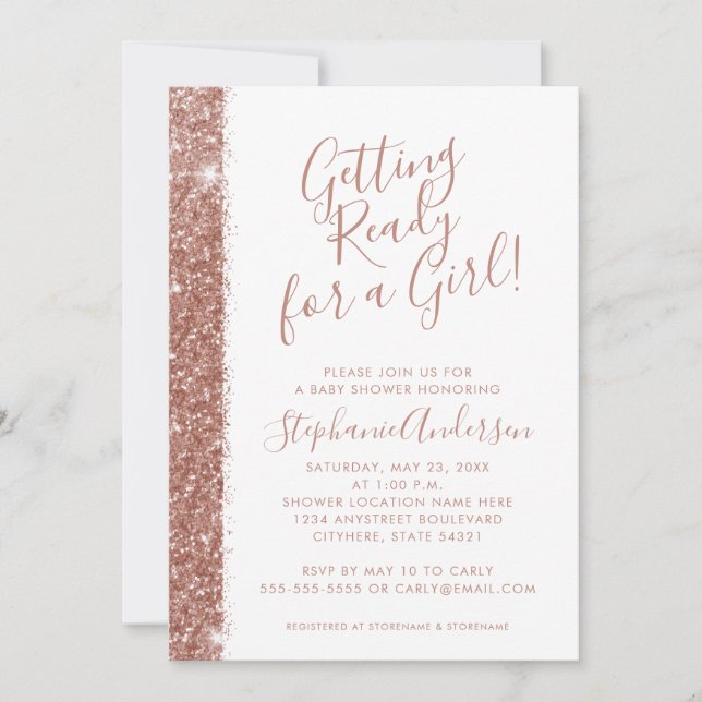 Invitación Rosa Gold Baby Shower Purpurina rosa moderno simpl (Anverso)