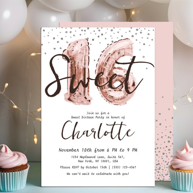 Invitación Rosa  Gold Balloon Purpurina Plata Dulce 16 Fiesta (Subido por el creador)