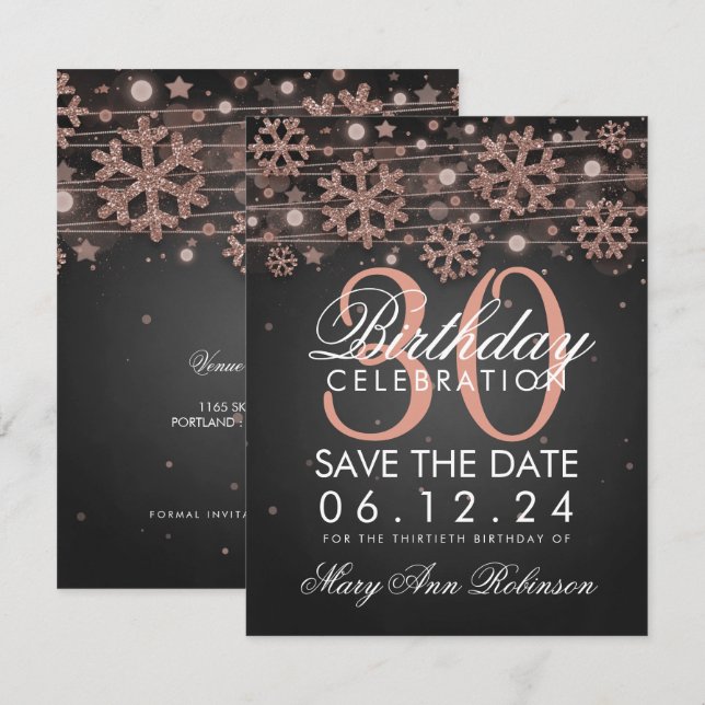 Invitación Rosa Gold Black 30th Birthday Save Date Winter (Anverso / Reverso)