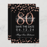 Invitación Rosa Gold Black 80th Birthday Save Date Confetti<br><div class="desc">Elegante diseño "80th Birthday Party" con el Rosa Purpurina Gold Faux Confetti Black y el nombre y detalles personalizados texto. Fácil de usar y fácil de personalizar. ¡Pida hoy!</div>