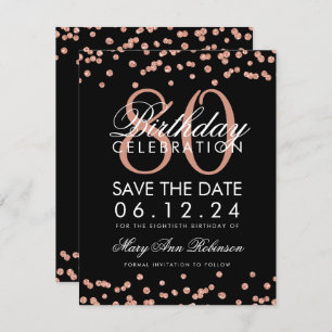 Invitación Rosa Gold Black 80th Birthday Save Date Confetti