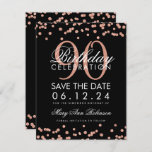 Invitación Rosa Gold Black 90th Birthday Save Date Confetti<br><div class="desc">Elegante diseño "Novena Fiesta de Cumpleaños" con el Rosa Purpurina Gold Faux Confetti Negro y nombre personalizado y texto de detalles. Fácil de usar y fácil de personalizar. ¡Pida hoy!</div>