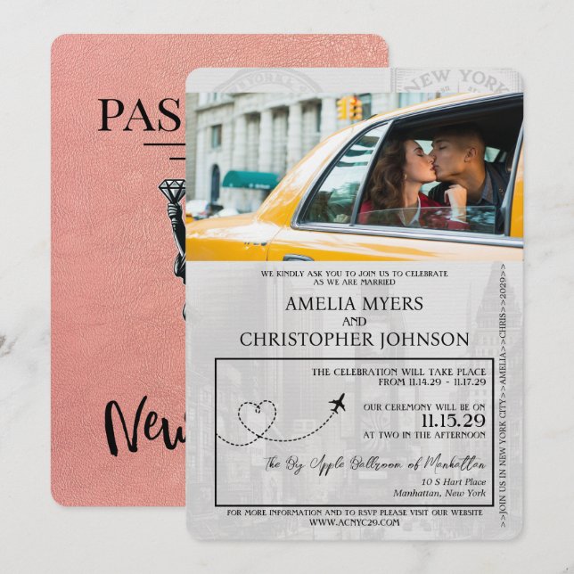 Invitación Rosa Gold Boda de Pasaportes de Nueva York (Anverso / Reverso)