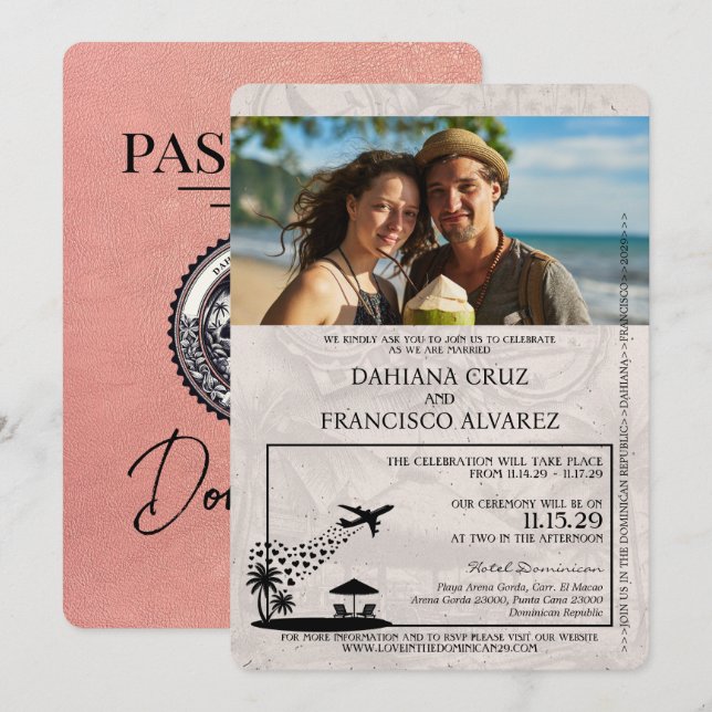 Invitación Rosa Gold Boda de Pasaportes de República Dominica (Anverso / Reverso)