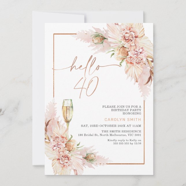 Invitación Rosa Gold Boho Dry Floral 40 cumpleaños (Anverso)