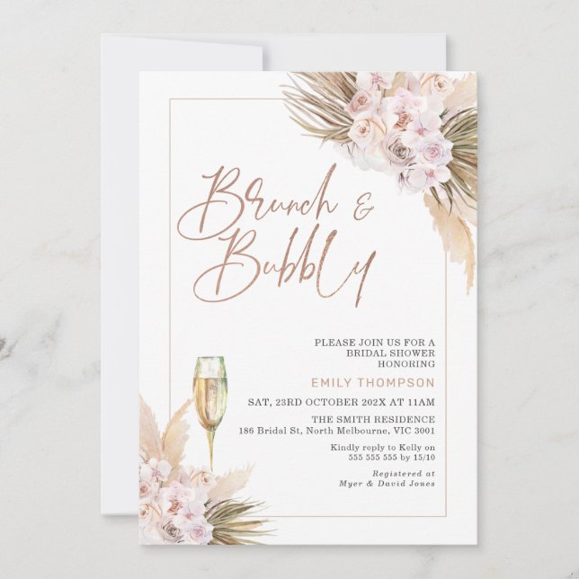 Invitación Rosa Gold Boho Dry Floral Pampas Bridal Shower (Anverso)