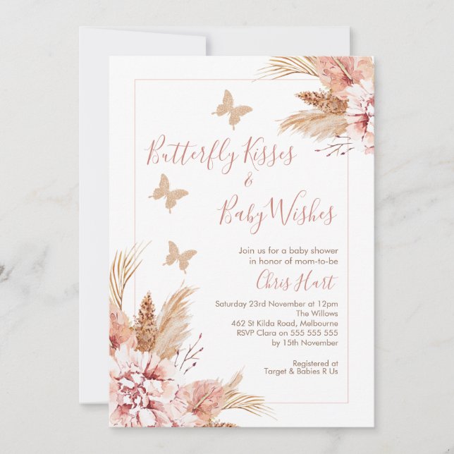 Invitación Rosa Gold Boho Floral Butterfly besa Baby Shower (Anverso)