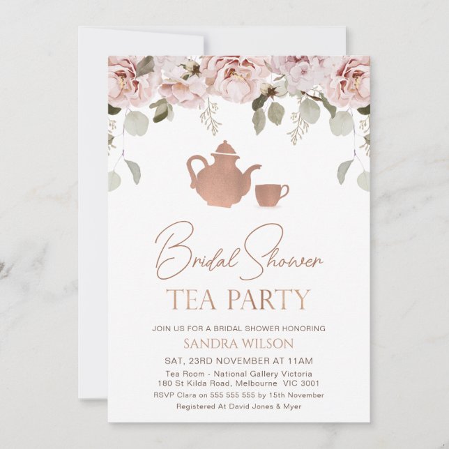 Invitación Rosa Gold Boho Floral Tea Fiesta Bridal Shower (Anverso)