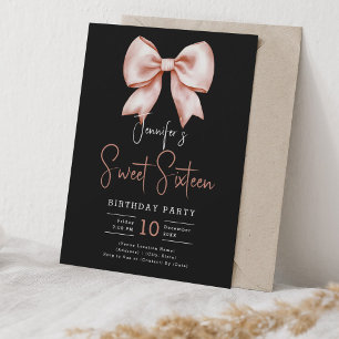 Invitación Rosa Gold Bow Coquette Script Dulce 16 Fiesta Negr